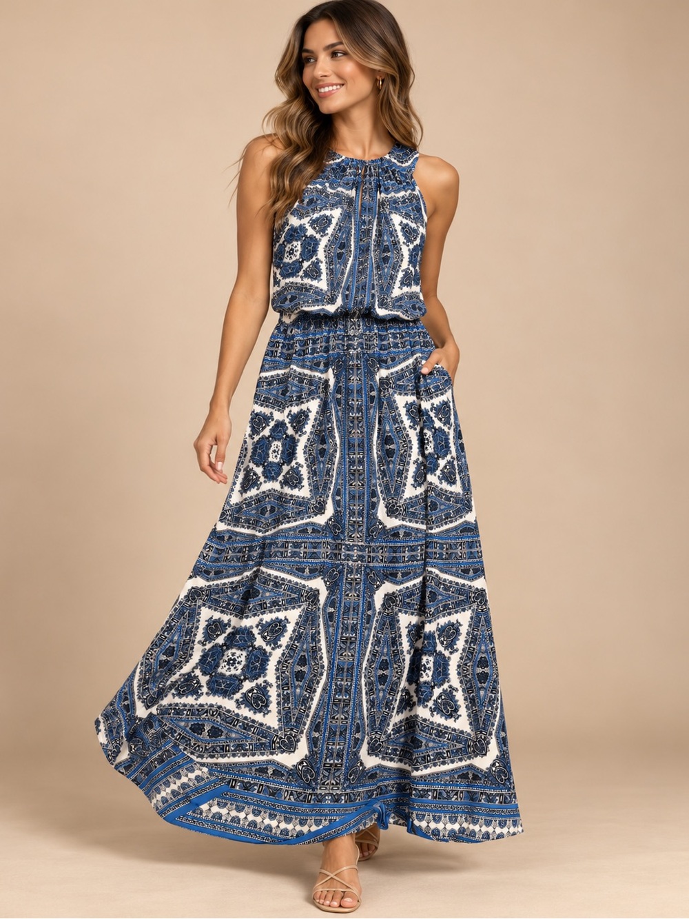 Connected Apparel Blue White Paisley Boho Maxi Dress Size 16
